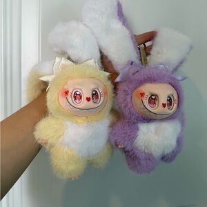 Cute Labubu Bunny Plush Keychain with bow and strawberry Eyes. No Pop Mart Tag